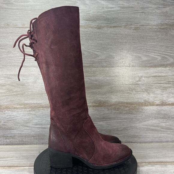 Born Women's Felicia Distressed Suede Leather Burgundy Tall Boots Size 5 - Picture 3 of 10